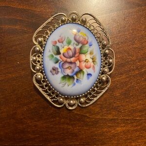 Floral Brooch with Silver Filigree